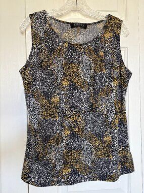 Kasper Black & Yellow Mosaic Print Pleated Neck Shell - Size M